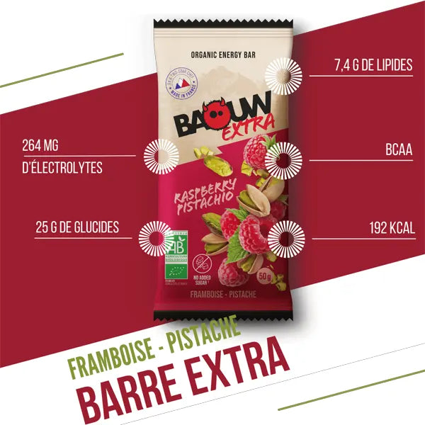 Nutri-Bay | BAOUW - Barre Énergétique BIO EXTRA (50g) - Framboise & Pistache