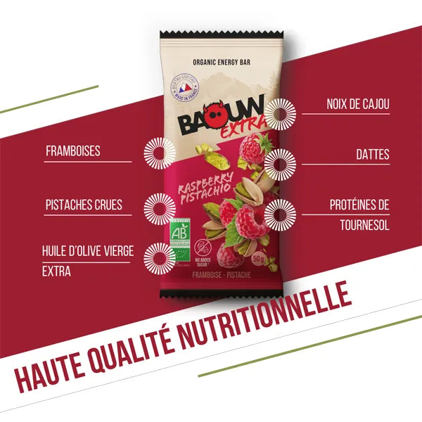 Nutri-Bay | BAOUW - Barre Énergétique BIO EXTRA (50g) - Framboise & Pistache