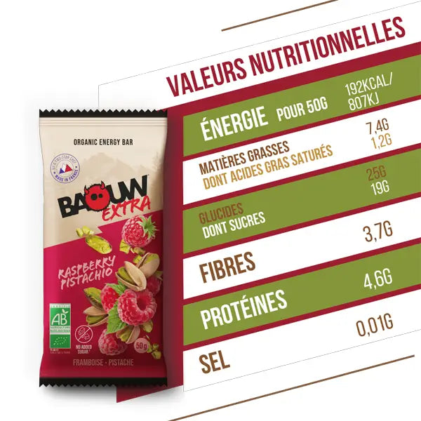 Nutri-Bay | BAOUW - Barre Énergétique BIO EXTRA (50g) - Framboise & Pistache