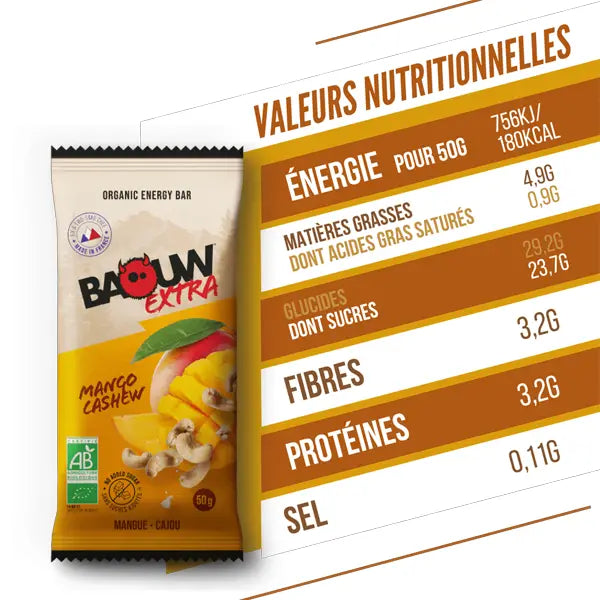 Nutri-Bay | BAOUW - Barre Énergétique BIO EXTRA (50g) - Mangue & Cajou