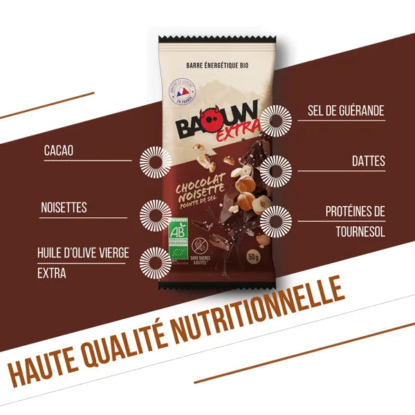 Baouw Barre Énergétique BIO Extra (50g) - Chocolat & Noisettes