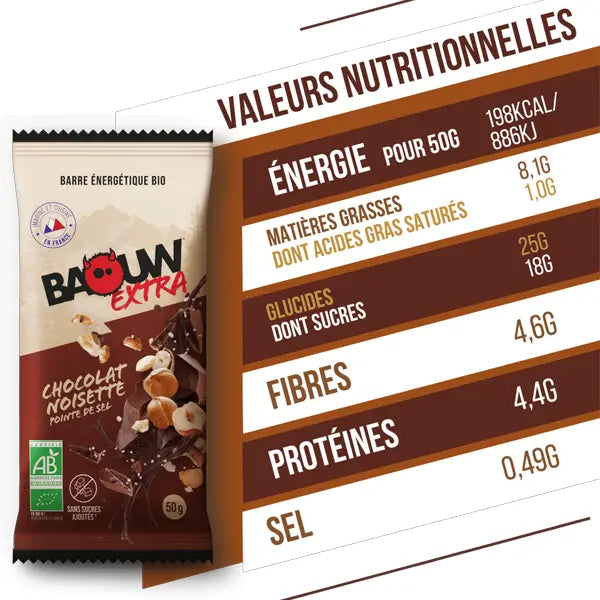 Baouw Barre Énergétique BIO Extra (50g) - Chocolat & Noisettes