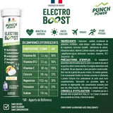 Punch Power Electro Boost supplement packaging with ingredients and usage information.