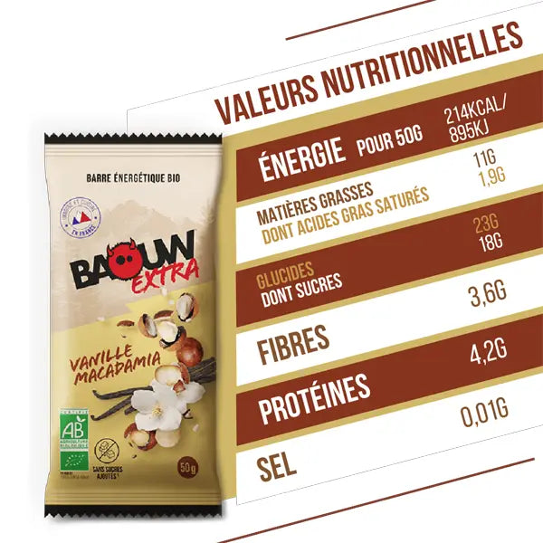 Baouw Barre Énergétique BIO Extra (50g) - Vanille & Macadamia