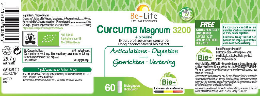 Nutri-Bay Be-Life Turmeric Magnum 3200 BIO + Piperine (60 Capsules) - label