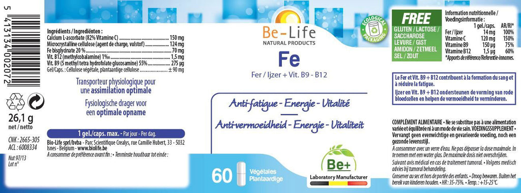 Nutri-Bay Be-Life FE (ferro + vitamina B9 - B12) (cápsulas 60) - etiqueta