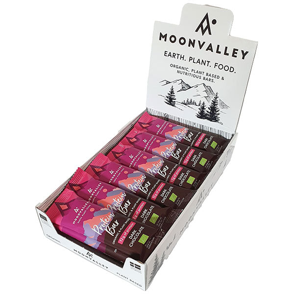 Nutri Bay | MOONVALLEY - Scatola di Barrette Proteiche Biologiche e Vegetali (18x60g) - Cioccolato Fondente
